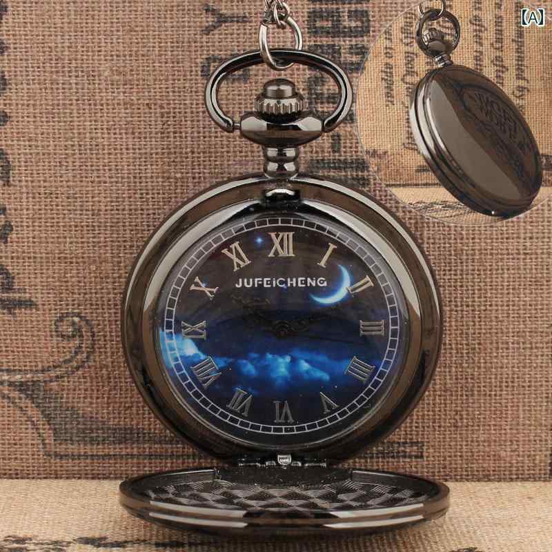 懐中時計 黒 光沢 星空 月 レトロ フリップカバー カップル メンズ レディース ファッション 大きい クォーツ ノスタルジック 学生 高齢者 プレゼント アンティーク クラシック スタイリッシュ