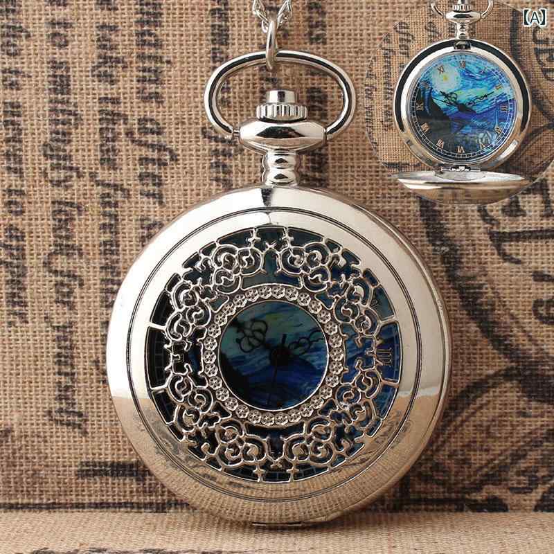 懐中時計 欧米 ファッション 星 月夜柄 フリップカバー 吊りチェーン カップル ギフト ウィンドウ ユニセックス カジュアル ロマンチック クラシカル アート ヴィンテージ
