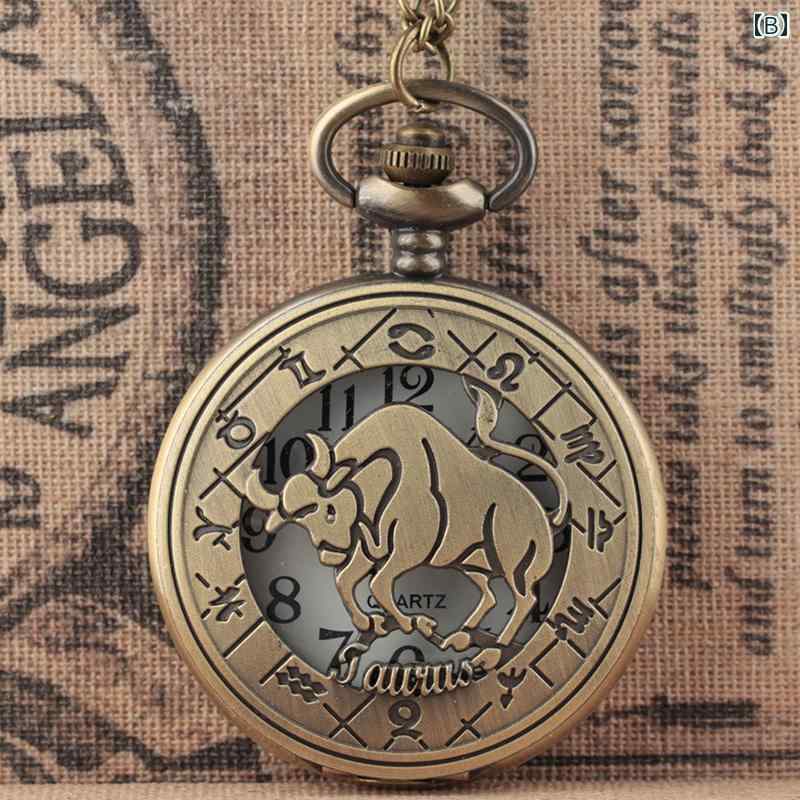 懐中時計 おしゃれ アクセサリー ファッション 12星座 レトロ ユニセックス 学生 ギフト クラシカル クォーツムーブメント 天体 ポケットウォッチ アラビア数字