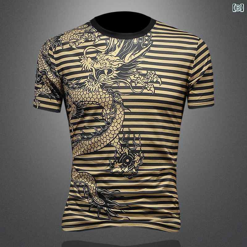 Tシャツ 龍 トップス メンズ ドラゴンプリント ストライプ 大きいサイズ 半袖 夏 スリムフィット シンプル カジュアル デイリー スポーツ レジャー リゾート 休日