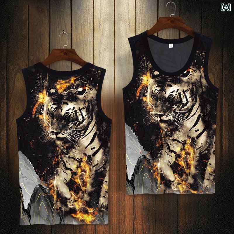 ノースリーブ タンクトップ タイガーヘッド プリント ベスト メンズ 軽量 Tシャツ スピリチュアル 男性..