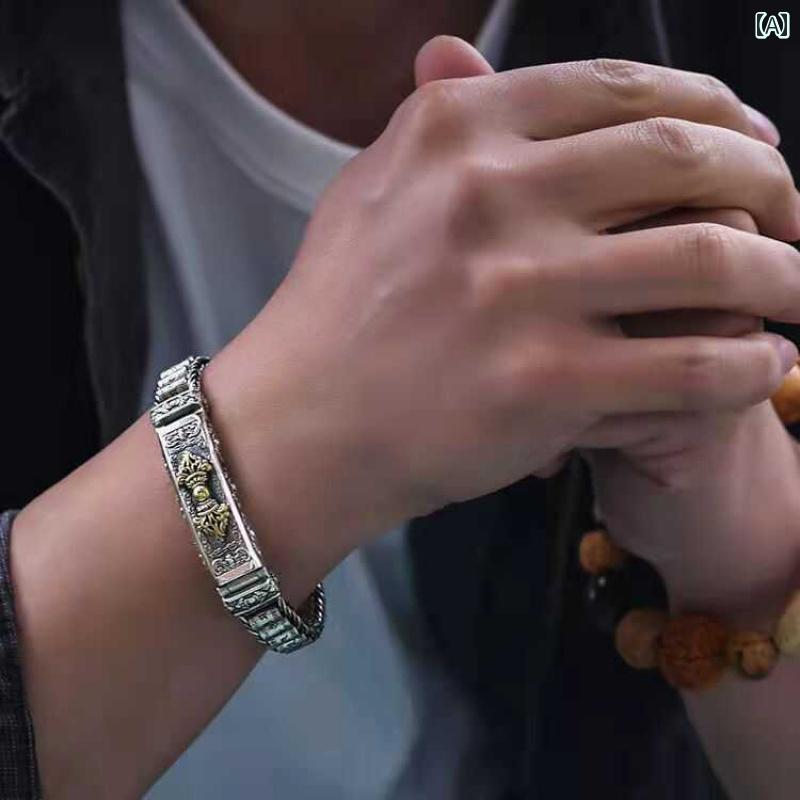 ブレスレット 六字真言 エスニック メンズ レディース シルバー 6文字 マントラ 金剛 吉祥 回転式 ビーズ 固定 個性 韓国 ギフト