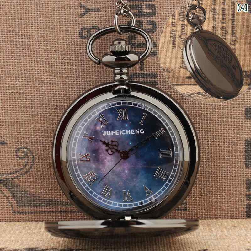 懐中時計 クォーツムーブメント おしゃれ アクセサリー ファッション 月 星空 ロマンチック 黒 光沢 フリップ レトロ ローマ数字 学生 コレクション ギフト