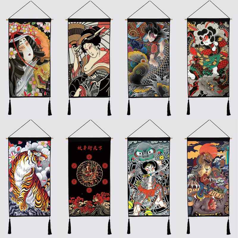 掛け軸 アート 掛け軸 和風 吊り布 芸者 浮世絵 ダーク 壁布 絵画 レトロ 居酒屋 ダーク ヤンチャ 背景..