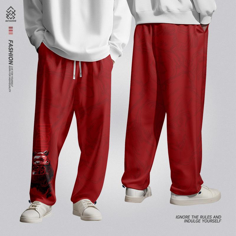 スウェットパンツ ズボン 赤 派手色 カジュアル 隠し絵 パンツ ボトム チャイナ 中国 中華 パンダ ゆったり 快適 春秋 ルームウェア 部屋着 ラフ着 ヤンチャ ストリート ユニーク