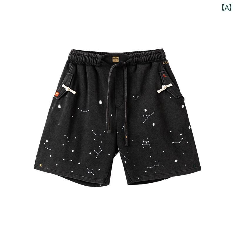 ハーフパンツ 短パン ショートパンツ 膝上 ウエストゴム 中華風 チャイナテイスト 黒 ウォッシュ オールド 春夏 カジュアル アウトドア..