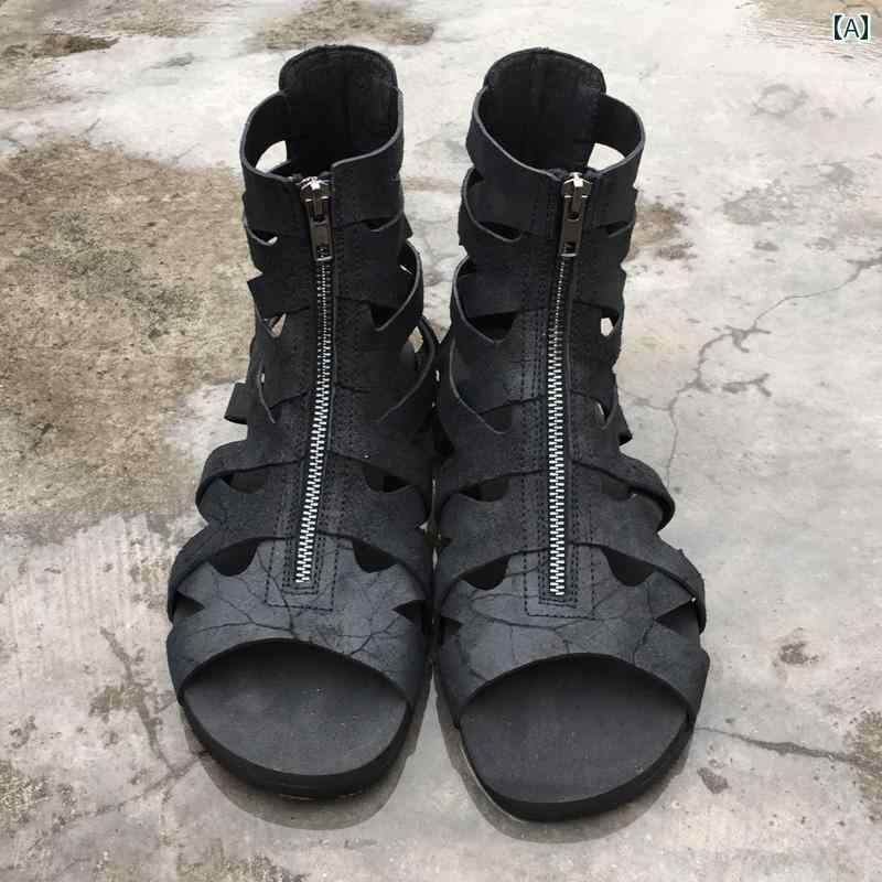 夏 男性用 牛革 サンダル ハイカット メンズ カジュアル コンフォート ファッション アウトドア 耐久性 スリッポン ブラック 黒