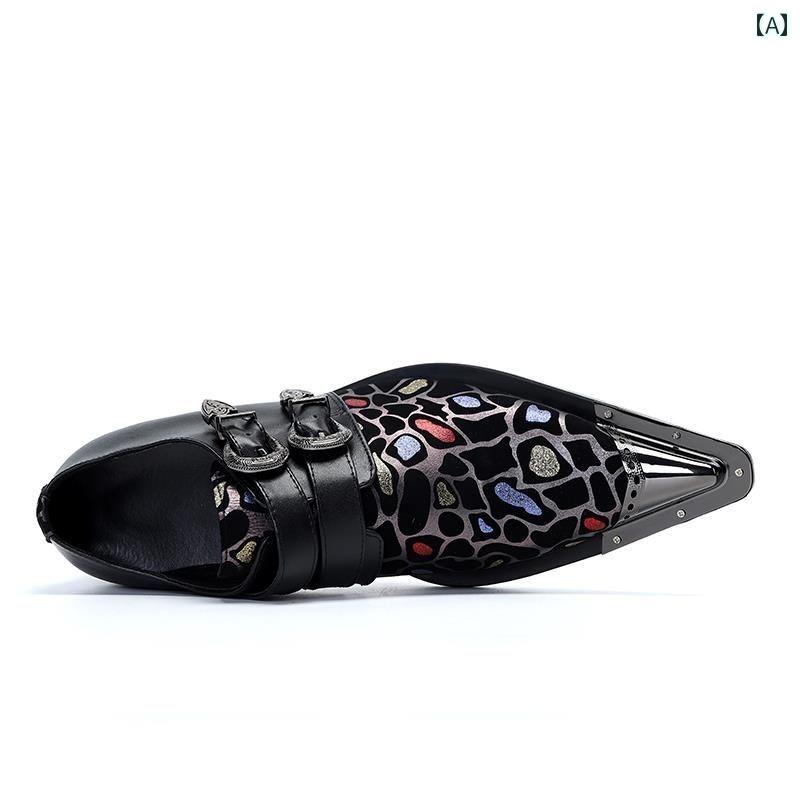 パーティーシューズ 紳士靴 革靴 黒 メタル 韓国 鉄 尖った つま先 シルバー レトロ ステージ 衣装 靴 メンズ シューズ 革 レザー プリント キラキラ 個性的 デザイン バックル カジュアル 鋼 ポインテッドトゥ