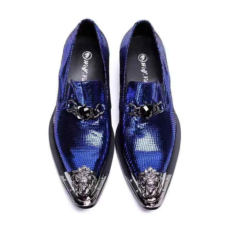 紳士靴 革靴 青 ブルー キラり 光沢 ツヤ感 鉄 シルバー メタル 尖ったつま先 靴 韓国 ファッション パ..