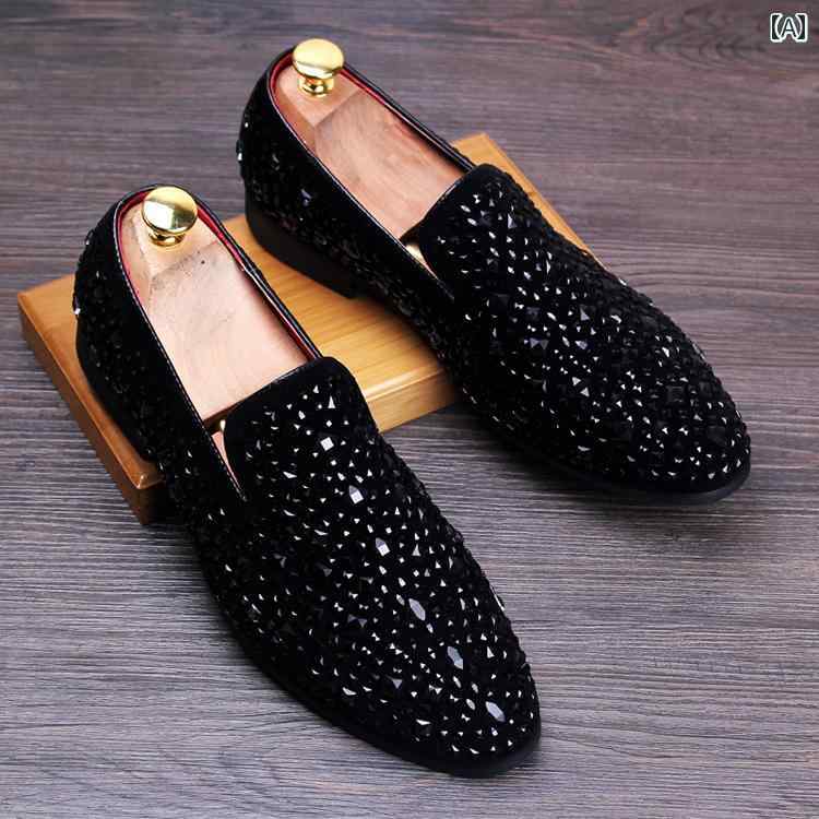 紳士靴 スリッポン ローファー 若見え 男性向け 韓国 ラインストーン ローカット シューズ 軽量 通気性 ポインテッド シューズ