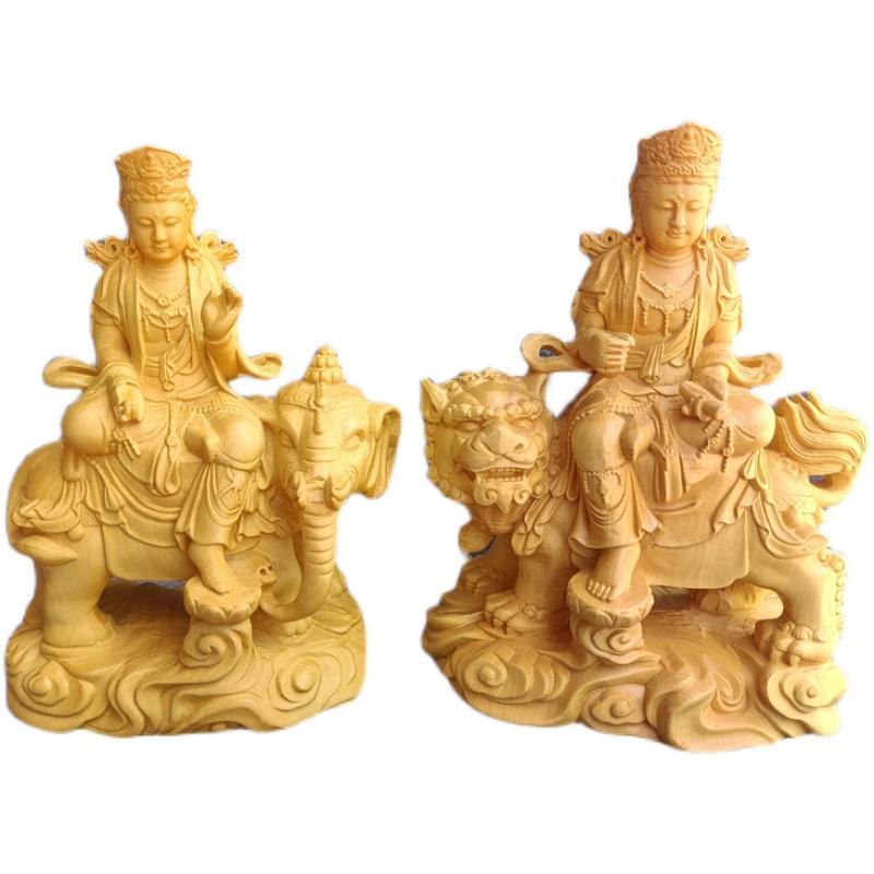 置物 小物 仏教徒 ツゲ 木 ウッド 彫刻 木彫り 干支 守護 文殊菩薩 普賢 菩薩 ホーム フィギュア 装飾品 仏像 車内 インテリア 富 護身 安全祈願 古風 レトロ ヴィンテージライク