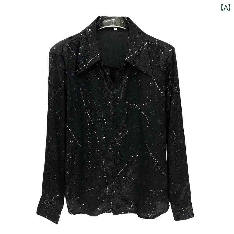 男性服 シャツ 黒 ブラック キラキラ ラメ入り 韓国 モード ファッション ダーク ゴシック ステージ 衣装 流れ星 夜空 カジュアル ディナー トップス メンズ 大きめ襟 薄手 肩パッド