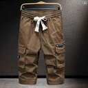 ハーフパンツ 七分丈 ウエストゴム ひも調整 ファスナー付きポケット 作業服 ワークウェア 薄手 無地 綿 セットアップ 夏 メンズ シンプル カジュアル アウ...
