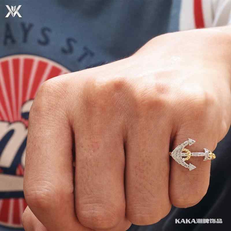 指輪 ヒップホップ アクセサリー テール リング アンカー マイクロパヴェ ラインストーン 金メッキ 韓..