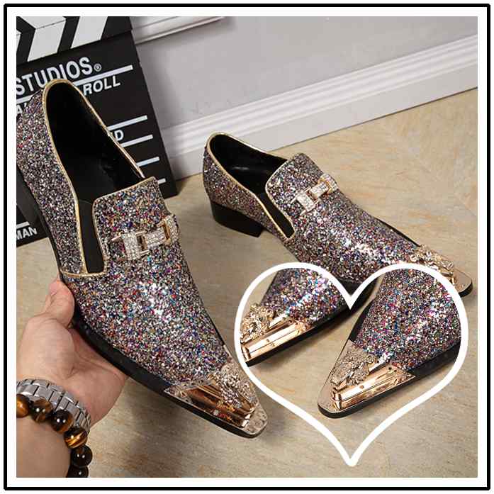 紳士靴 レザー ドレスシューズ ゴールド スチール つま先 スパンコール 牛革 鉄 カジュアル グリッター スリッポン 革靴 結婚式 新郎 キャットウォーク