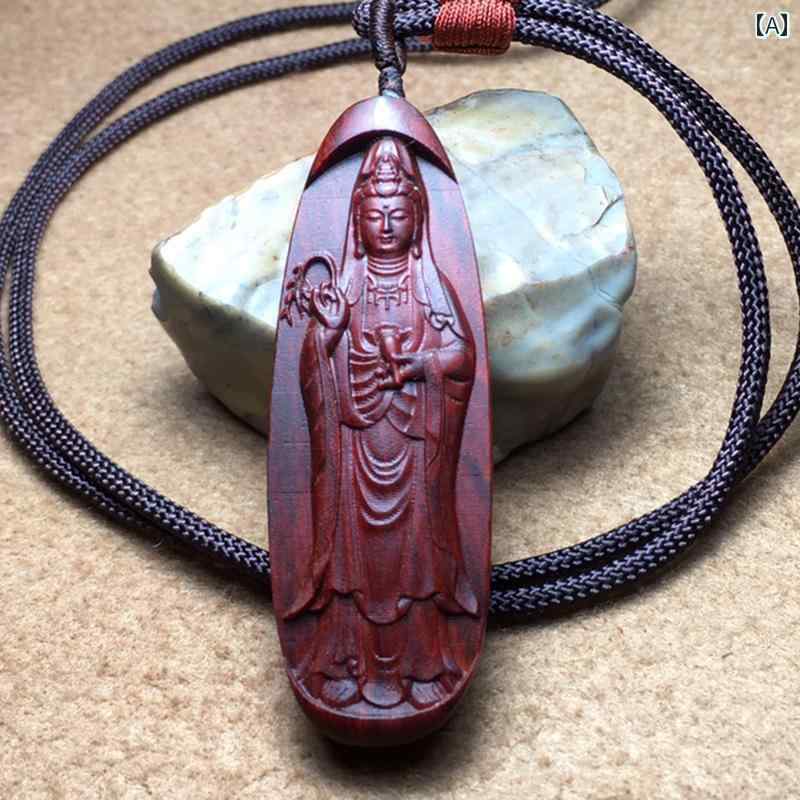 ネックレス ペンダント 観音 木製 携帯用 護符 平和 インテリア 持ち運び 彫刻 伝統的 ユニセックス 宗教 お守り