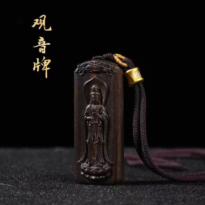 沈香 両面 彫刻 お守り 観音 木製 仏 リラクゼーション 護符 レリーフ 装飾品 ペンダント 瞑想 宗教 ア..