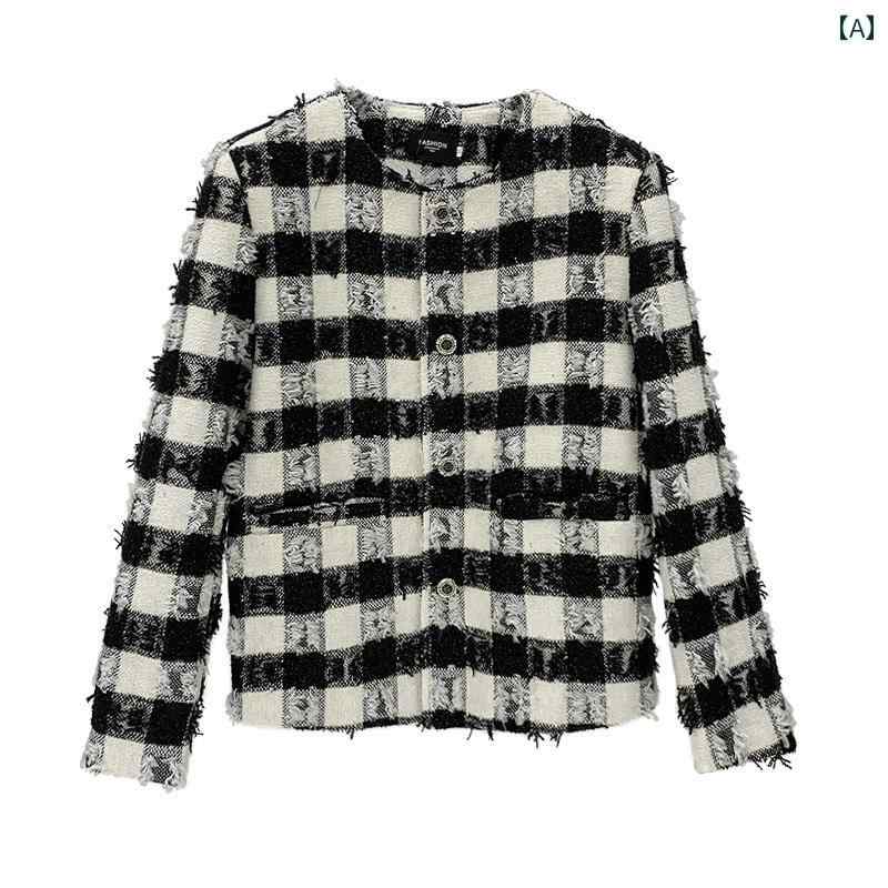 メンズ ジャケット アウター 上着 カーディガン 韓国 スタイル 黒白 市松模様 格子柄 エッジ ダメージ加工 男性 秋 上品 カジュアル ショルダーパッド ラウンドネック
