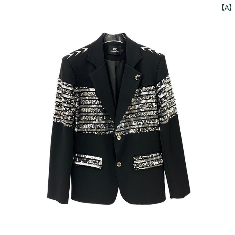 メンズ ジャケット 黒 ブラック 韓国 重厚 キラキラ シルバー スパンコール スプライシング スーツ 男性 秋冬 ハイエンド 輝く アウター 上着 ステージ 映え ダンス 衣装