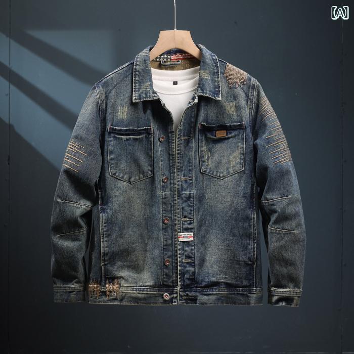 デニムジャケット ビンテージ風 アメカジ メンズ 刺繍 ウォッシュ加工 ジャケット ブルゾン ジージャン 春秋 カジュアル スタイリッシュ クール タウンユース
