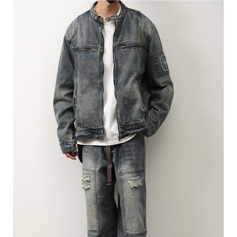 デニムジャケット アメリカ ファッション ワンポイント刺繍 メンズ 春秋 カジュアル ウォッシュ加工 学..