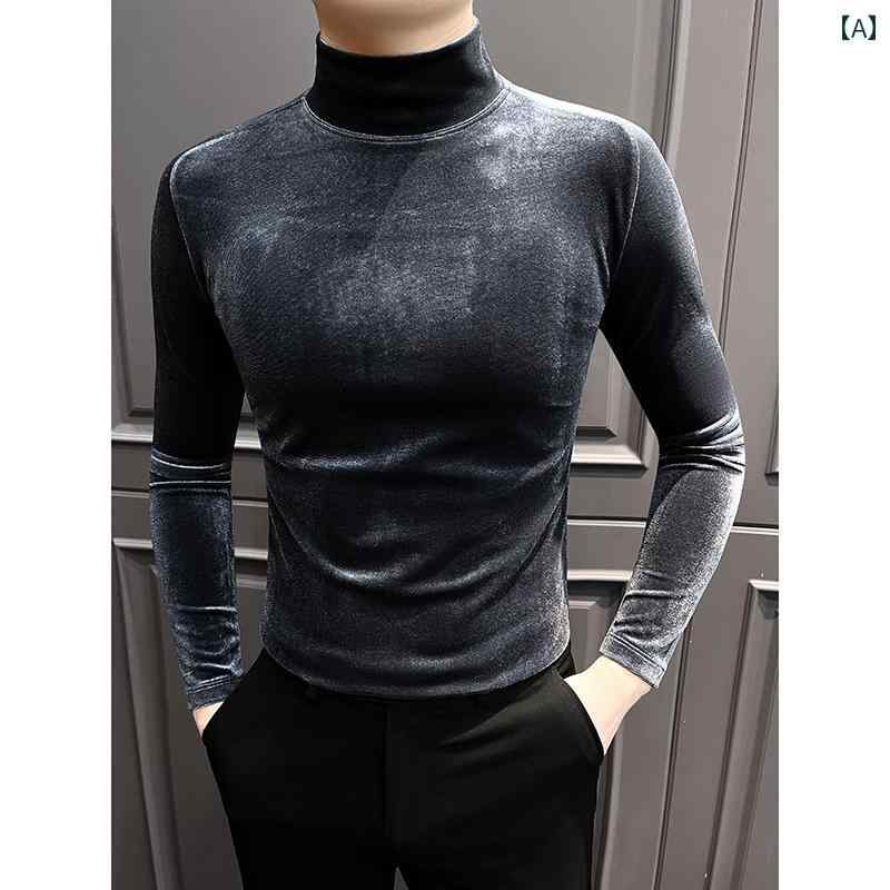 Tシャツ ベロア 無地 インナー 長袖 プルオーバー ハーフハイネック カジュアル 光沢 レイヤリング カットソー 春秋 メンズ 男性 紳士 スリムフィット 温かい 柔らかい 軽量 通勤 オフィス