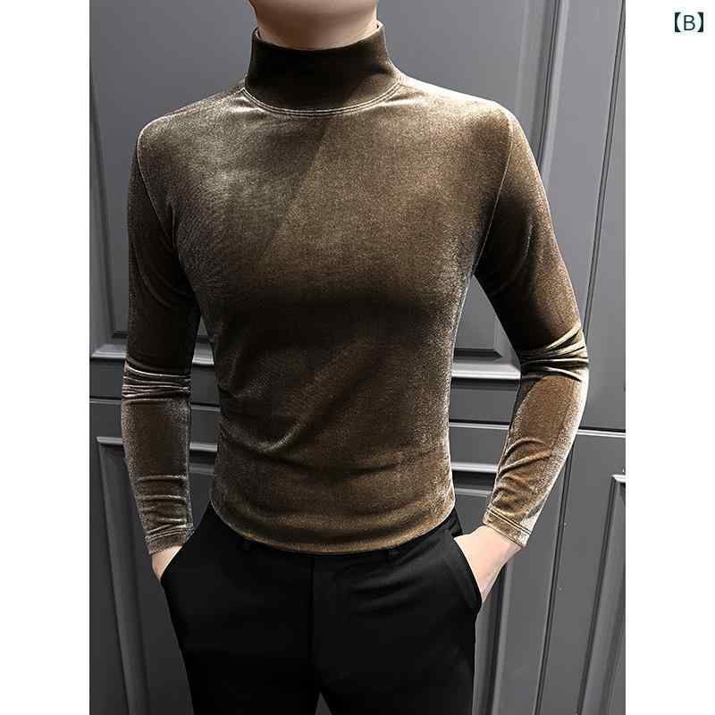 Tシャツ ベロア 無地 インナー 長袖 プルオーバー ハーフハイネック カジュアル 光沢 レイヤリング カットソー 春秋 メンズ 男性 紳士 スリムフィット 温かい 柔らかい 軽量 通勤 オフィス