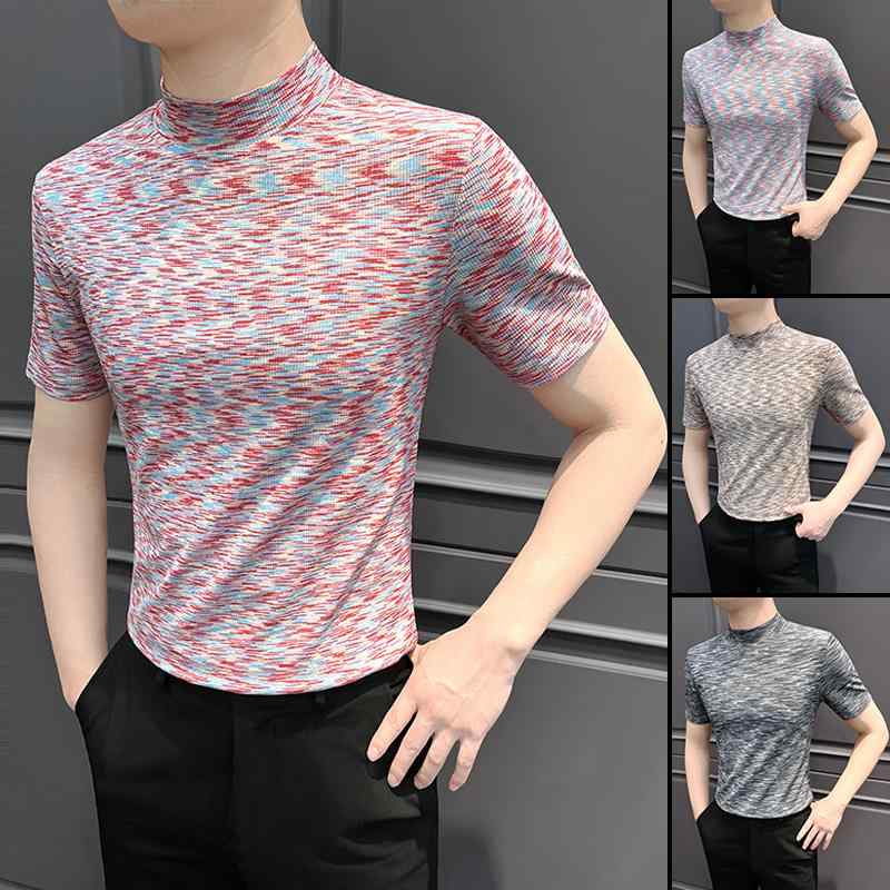 Tシャツ タイ ダイ 染め 綿素材 トップス 半袖 プルオーバー ハーフハイネック カジュアル レイヤリング カットソー 春秋 メンズ 男性 紳士 スリムフィット 軽量 柔らかい 普段使い