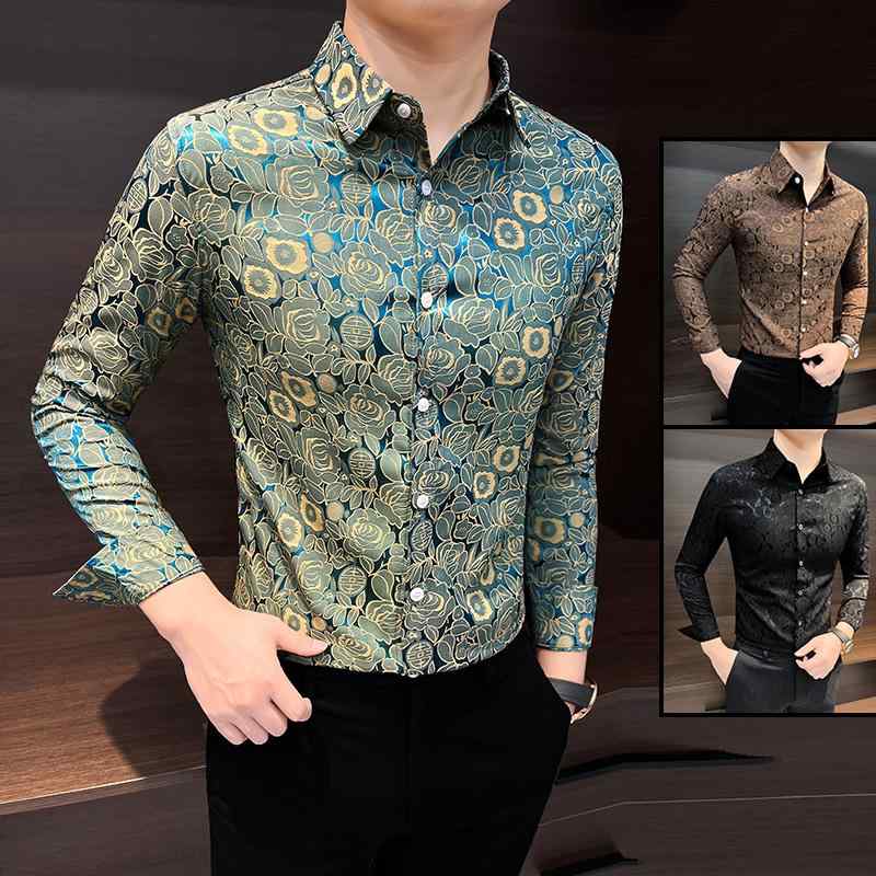 花柄 シャツ 長袖 メンズ ファッション 春秋 スタイル トップス 高級 紳士服 プリント 個性的 デザイン エレガント スリムフィット モダン