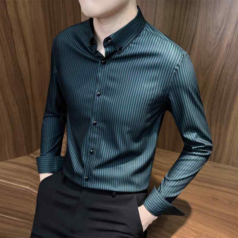 メンズ ファッション ストライプ シャツ 長袖 高級感 スリムフィット インナーシャツ ビジネス フォーマル 秋 トップス ボタンカラー エレガント 上品 洗練 カジュアル