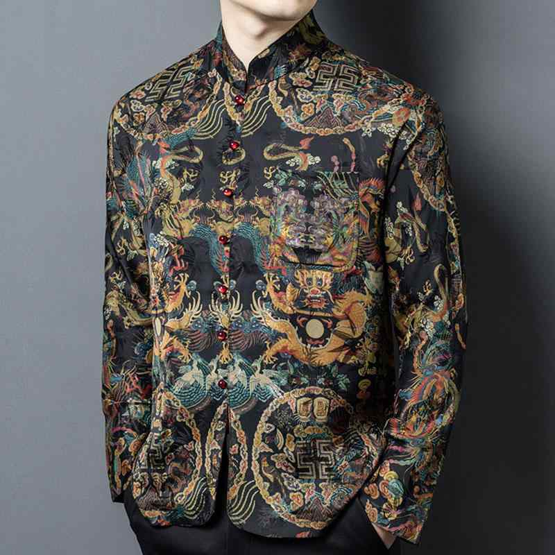 シャツ メンズ 厚手 シルク シャツ 長袖 春夏 唐装 民族風 トップス 高級感 おしゃれ 華やか 紳士服 羽..