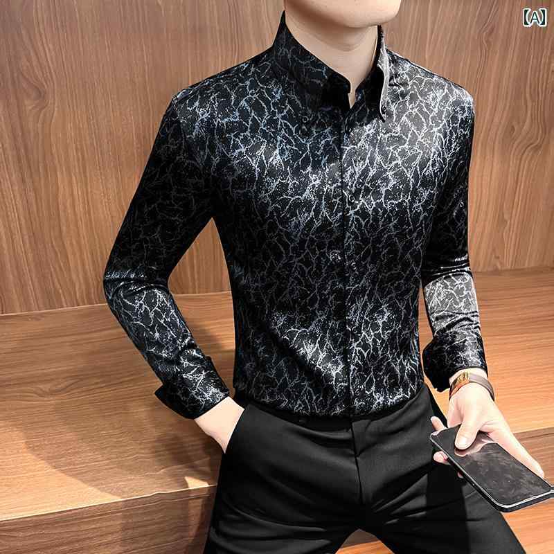 男性用 長袖 花柄 シャツ メンズ 高級感 カジュアル モダン エレガント シック お洒落 ダンディー ブラック 黒 ホワイト 白