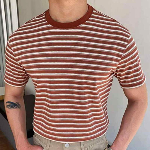 メンズ Tシャツ ニット サマーセーター 半袖 ラウンドネック 夏 ボーダ柄 横縞 ストライプ プリント ライトブラウン 茶 モダン クール 快適 カジュアル トラディショナル ヴィンテージ感 メンズ Tシャツ ニット サマーセーター 半袖 ラウンドネック 夏 ボーダ柄 横縞 ストライプ プリント ライトブラウン 茶 モダン クール 快適 カジュアル トラディショナル ヴィンテージ感
