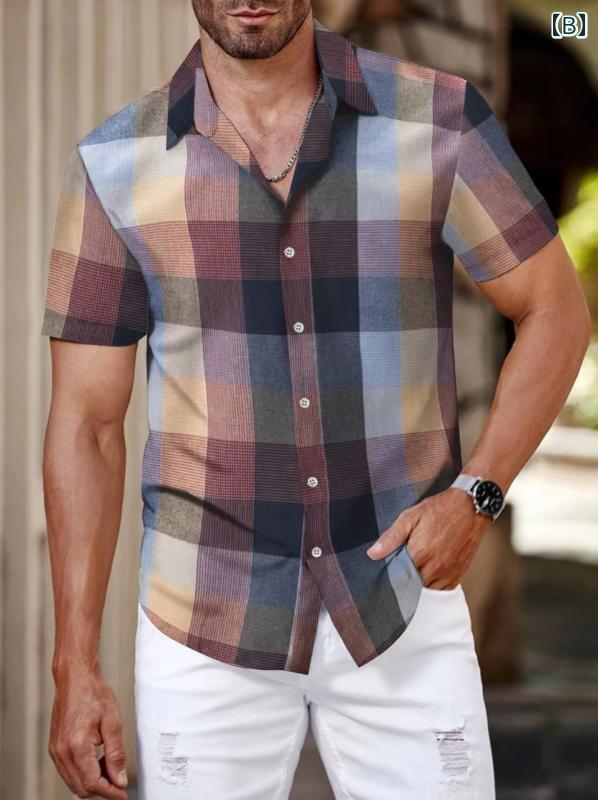 メンズ 半袖 シャツ 夏 チェック 大柄 ゆったり 大きめ 緑系 赤茶系 カジュアル おしゃれ カラーマッチング カラフル エレガント 上品 大人 カジュアル ファッション性 通気性 軽量