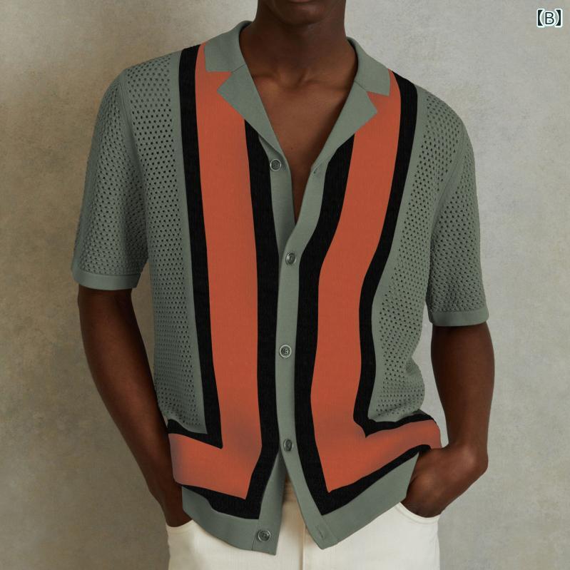 メンズ ニット ポロシャツ 半袖 サマーセーター カラーニット 3色使い ストライプ 縦縞 モダン おしゃれ 前開き ボタン コントラストカラー デザイン性 スタイリッシュ ユニーク カジュアル 軽量