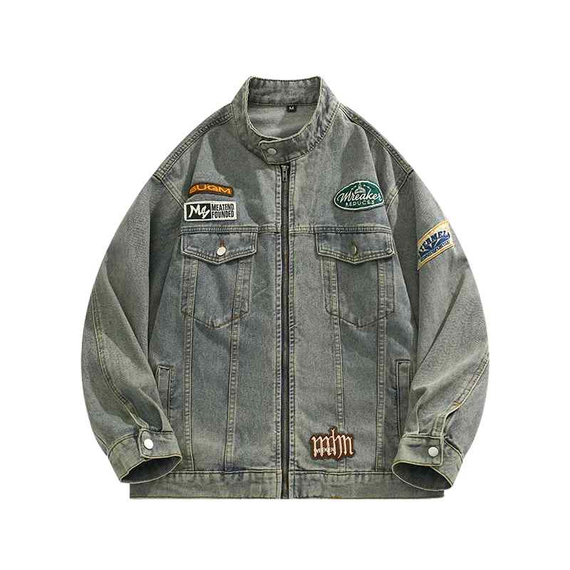 デニムジャケット 刺繍 レトロカラー バイクウェア ストリート ロゴ レトロ メンズ ウォッシュ加工 学..