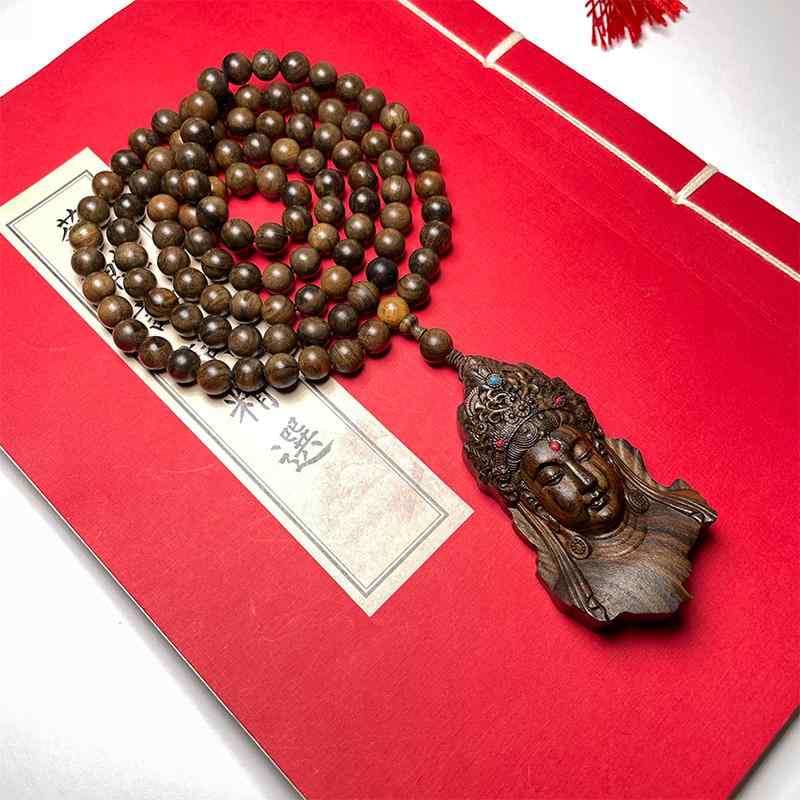 ネックレス 木製 仏教 ビーズ 彫刻 観音 ペンダント アクセサリー 手作り ハンドメイド お守り ギフト ユニセックス ユニーク スピリチュアル