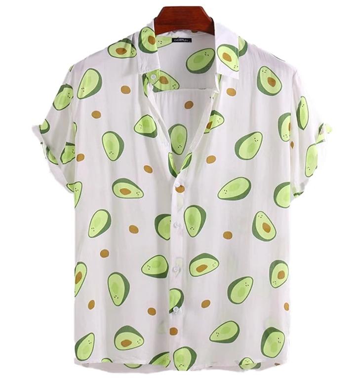 メンズ 半袖 シャツ トップス プリント アボガド柄 ユニーク 個性的 紺 白 カラフル トロピカル 爽やか..