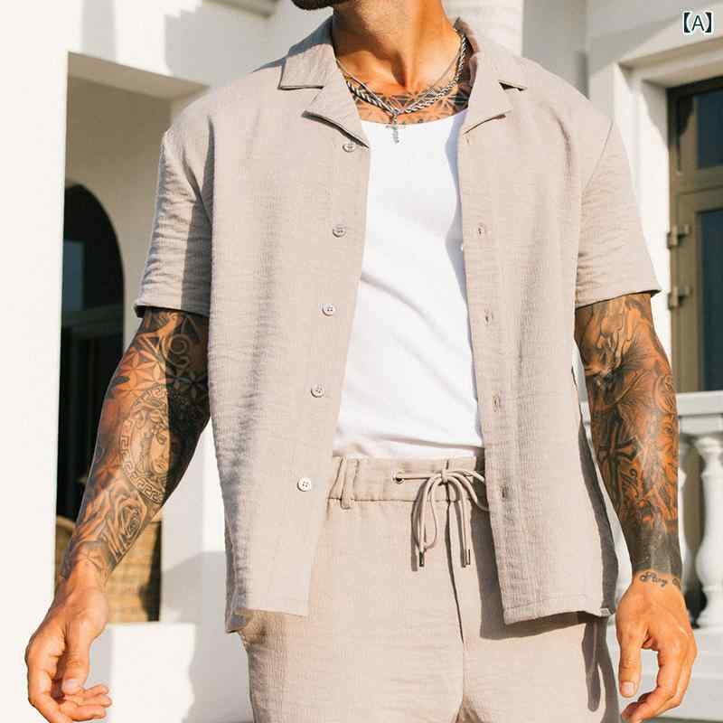 メンズ スーツ 半袖シャツ ロングパンツ ツーピース 2点セットアップ カジュアル 無地 薄ベージュ 開襟 前ボタン シンプル 快適 モダン スタイリッシュ リラクシング バカンス リゾート 軽量