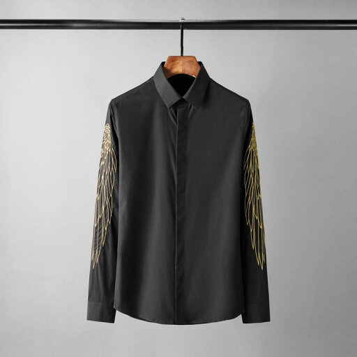 シャツ トップス 春秋 メンズ 服 飛 翼 刺繍 カジュアル 男性用 シャツ スタイリッシュ 紳士服 長袖 ユニーク スリム ブラック シャツ トップス 春秋 メンズ 服 飛 翼 刺繍 カジュアル 男性用 シャツ スタイリッシュ 紳士服 長袖 ユニーク スリム ブラック