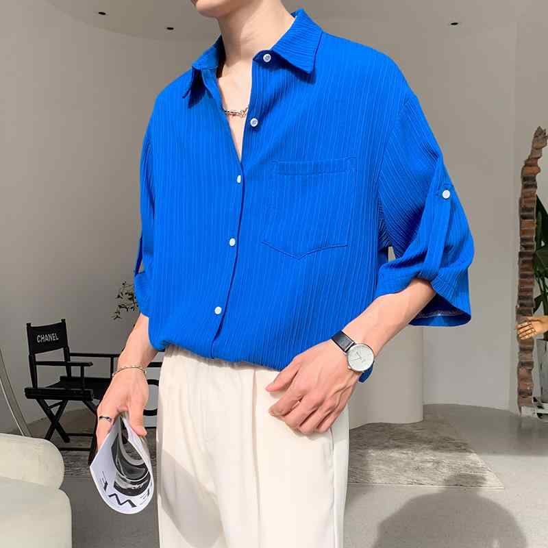 シャツ クラインブルー ストライプ ドレープ トップス 七分袖 シングルブレスト レギュラーカラー ポケット カジュアル 冷感 夏 メンズ 男性 ゆったり 軽量 柔らか 通勤 ビジネス 日常使い