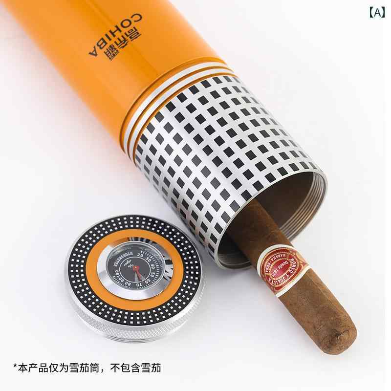 シガーチューブ 葉巻 ケース ボックス 4本 保湿 湿度計 加湿 コンパクト 携帯 密封 旅行 持ち運び シン..