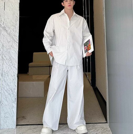 メンズ 春秋 白 シャツ 上下 セットアップ シンプル オーバーサイズ 服 ストライプ ハイカジュアル パンツ 清潔感 メンズ 春秋 白 シャツ 上下 セットアップ シンプル オーバーサイズ 服 ストライプ ハイカジュアル パンツ 清潔感