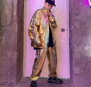 メンズ レディース ダンス 衣装 ゴールド 上下 セットアップ ジャージ ヒップホップ ストリート パフォーマンス グループ 金ぴか 映え 派手 ロゴテープ