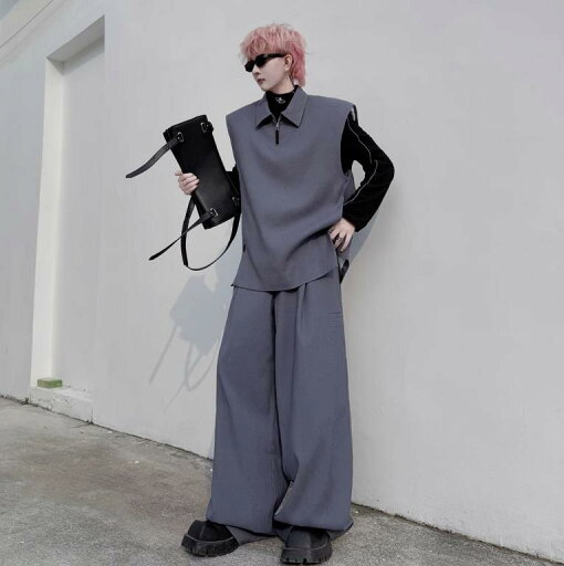 メンズ 春 個性 ノースリーブ ハーフジップ ベスト 上下 セットアップ きれいめ ユニセックス ワイド パンツ おしゃれ シルエット メンズ 春 個性 ノースリーブ ハーフジップ ベスト 上下 セットアップ きれいめ ユニセックス ワイド パンツ おしゃれ シルエット