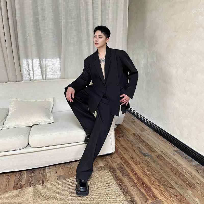 秋 アメリカ パリ キャットウォーク スタイル スリット 破れ スーツ メンズ ワイドレッグパンツ スタイ..