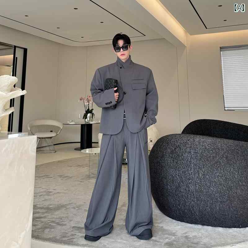 秋 シルエット シングルブレスト 高級感 スーツ メンズ 英国 ドレープ プリーツ ワイドレッグパンツ スタイリッシュ 洗練 優雅