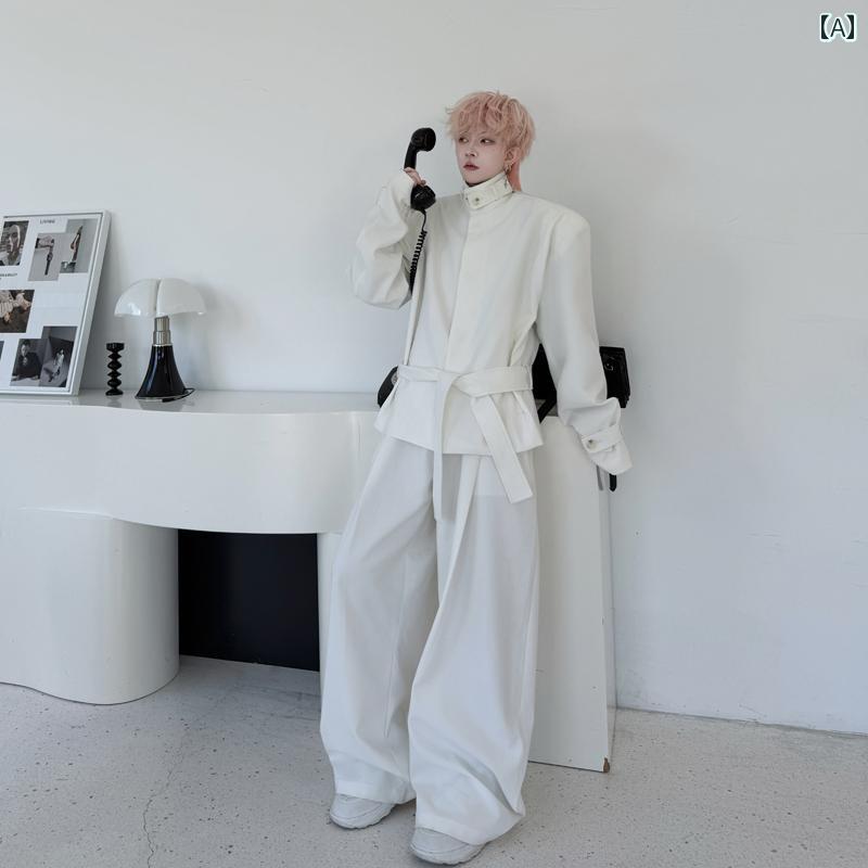 春 新作 スタイル 立体 仕立て バックル スタンドカラー ベルト付き ショルダーパッド スーツ メンズ ワイドレッグパンツ スーツ ルーズフィット フォーマル