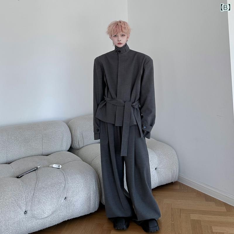 春 新作 スタイル 立体 仕立て バックル スタンドカラー ベルト付き ショルダーパッド スーツ メンズ ワイドレッグパンツ スーツ ルーズフィット フォーマル