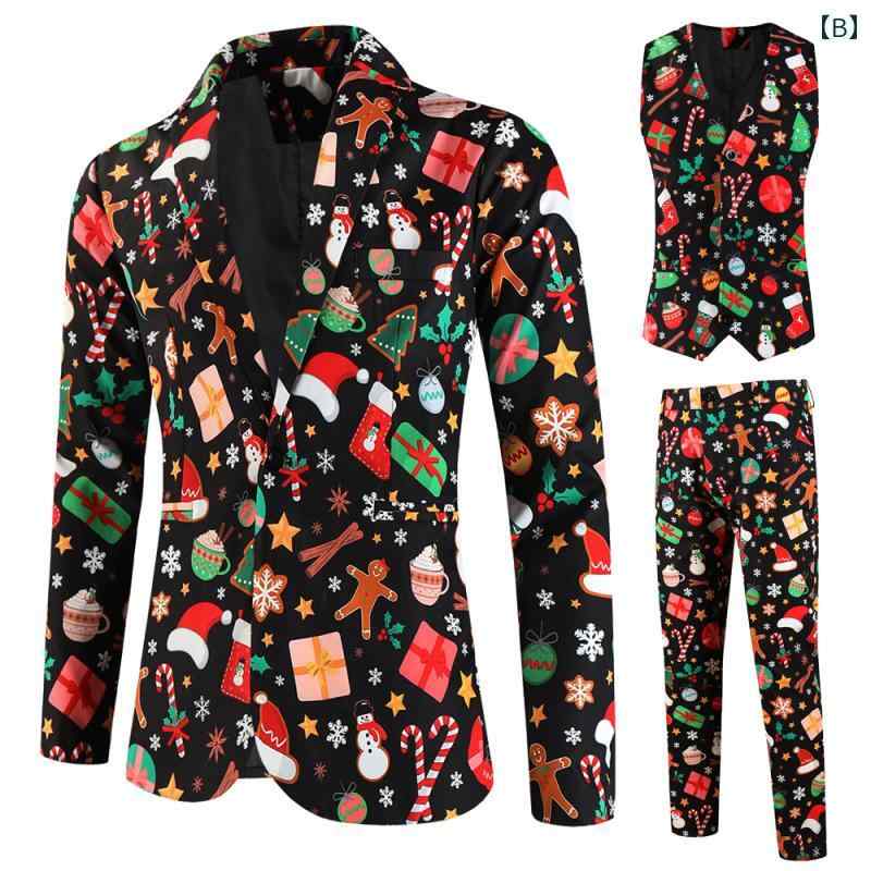 クリスマス メンズ スーツ 3点 セット 冬 ベスト パンツ スリム ジャケット ポップ 総柄 ユニーク ホスト イベント